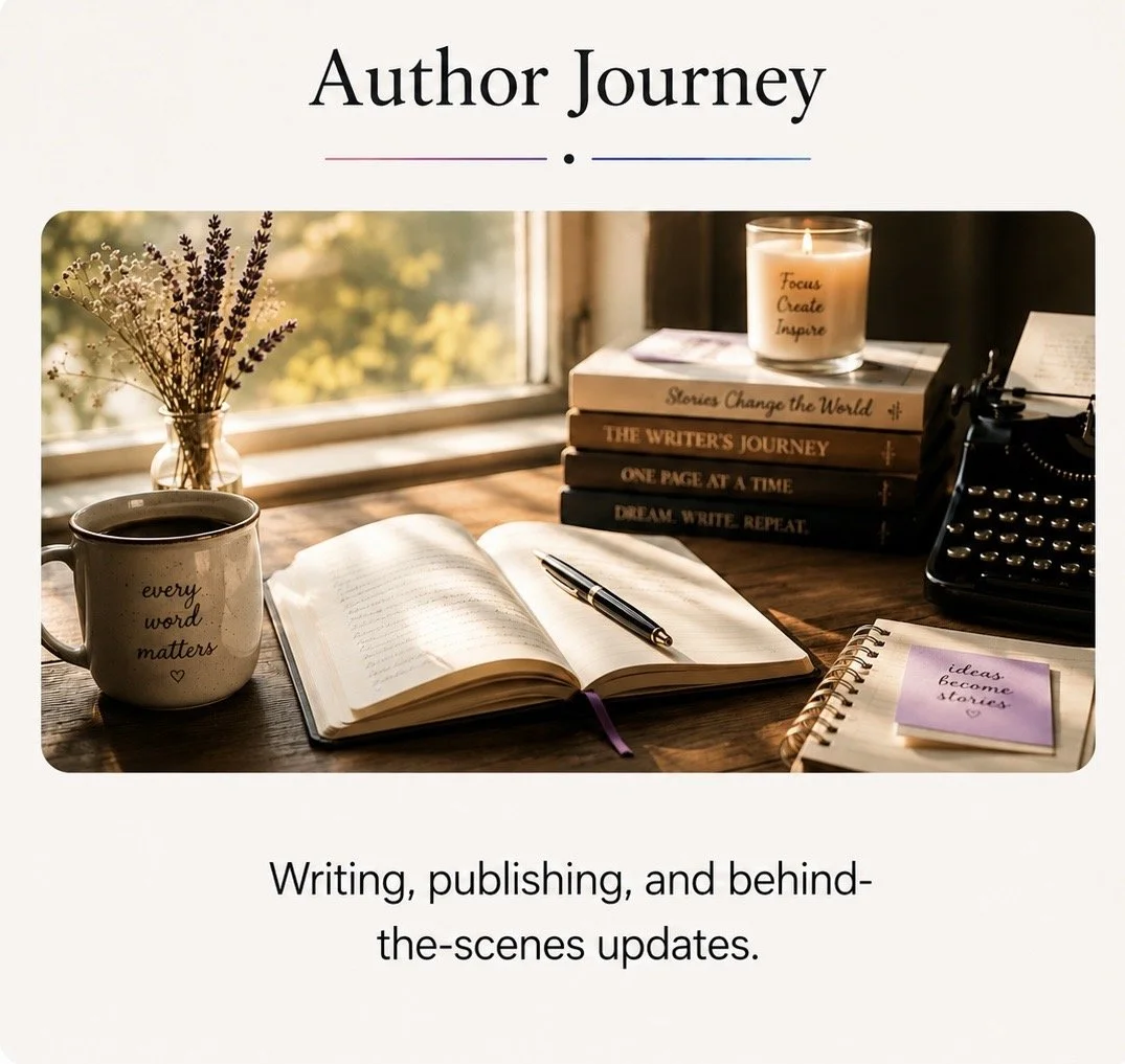 Illustration of a cozy writing workspace with notebooks, books, and writing tools representing Ashley Whitt's author journey, writing, publishing, and behind-the-scenes updates.