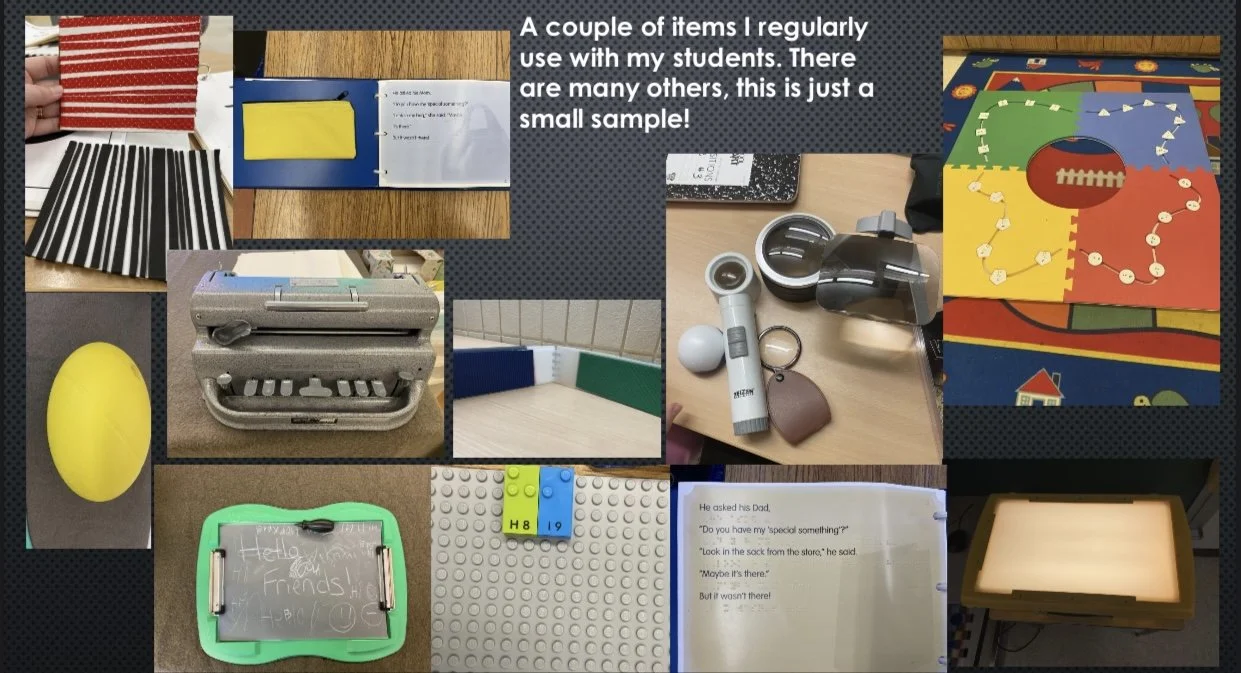 Collage of educational materials used by Ashley Whitt as a Teacher of the Visually Impaired (TVI), including tactile resources, assistive technology, literacy materials, and classroom activities.