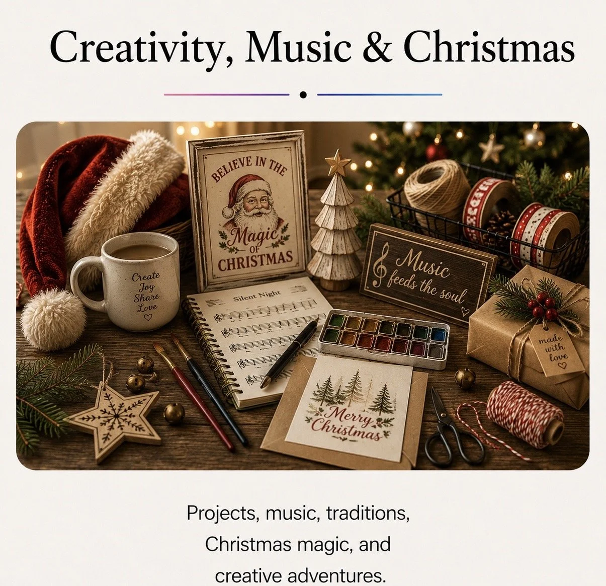 Illustration of Christmas crafts, music, and creative projects featuring ornaments, art supplies, sheet music, and holiday decorations representing Ashley Whitt's creativity, music, and Christmas traditions.
