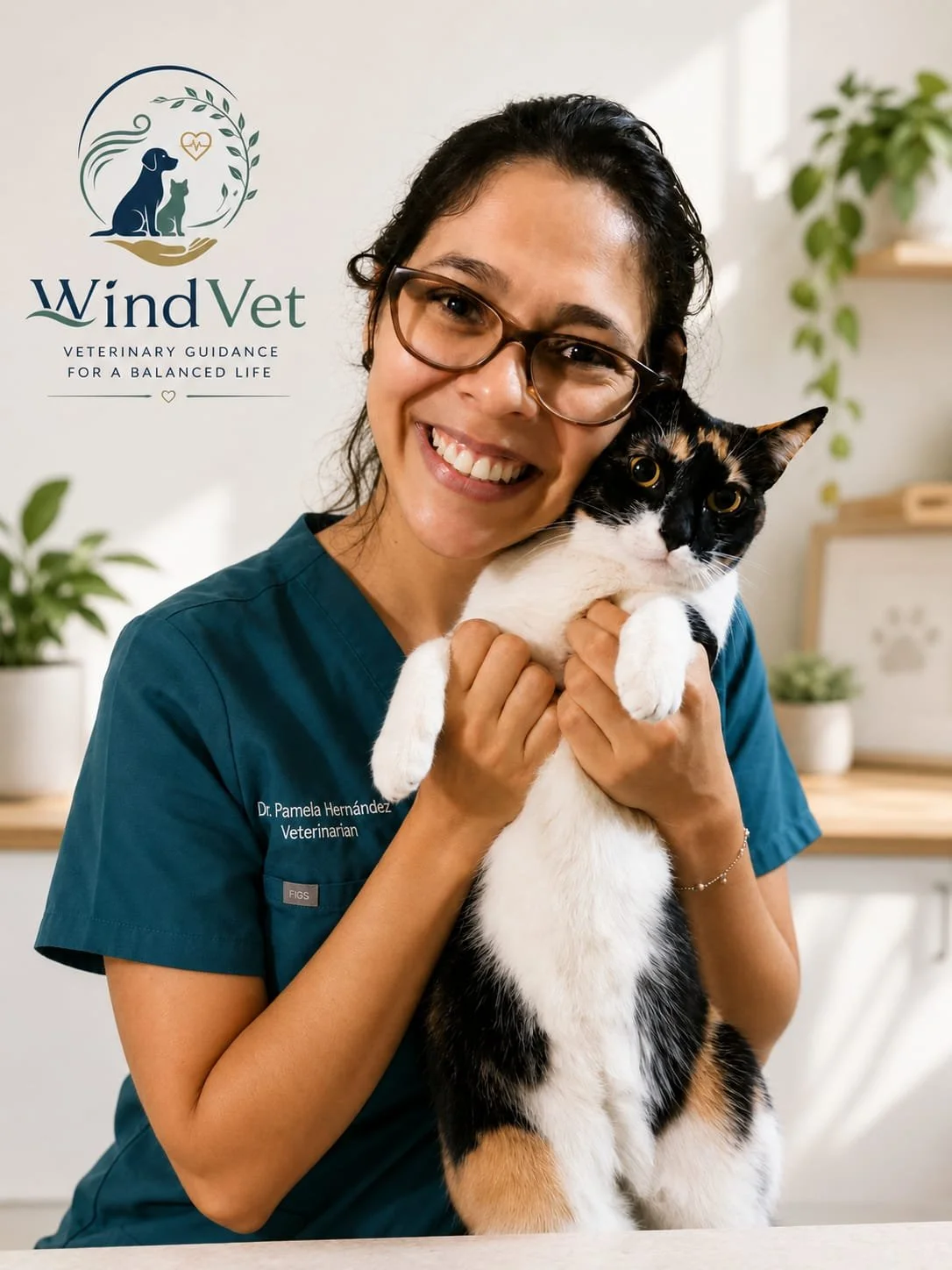 A veterinarian woman smiling and holding a black and white cat in a veterinary office with plants and pet-themed decorations, including a sign that says 'Wind Vet' and 'Veterinary Guidance for a Balanced Life.'