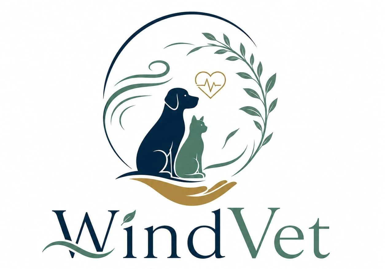 Logo for WindVet featuring a silhouette of a dog and a cat, with a heart and heartbeat line above them, surrounded by leaves. Online pet consultation form experienced veterinarian, helping pet owners around the world