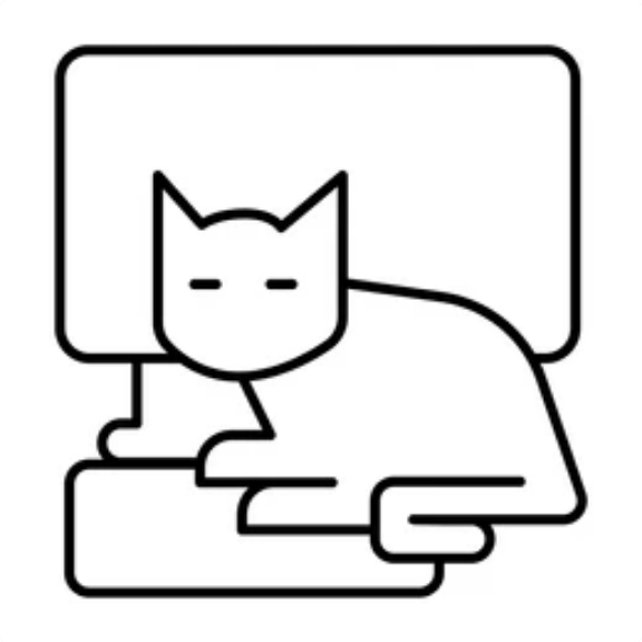A black and white line drawing of a cat sleeping on a computer. Online consultations for pet owner