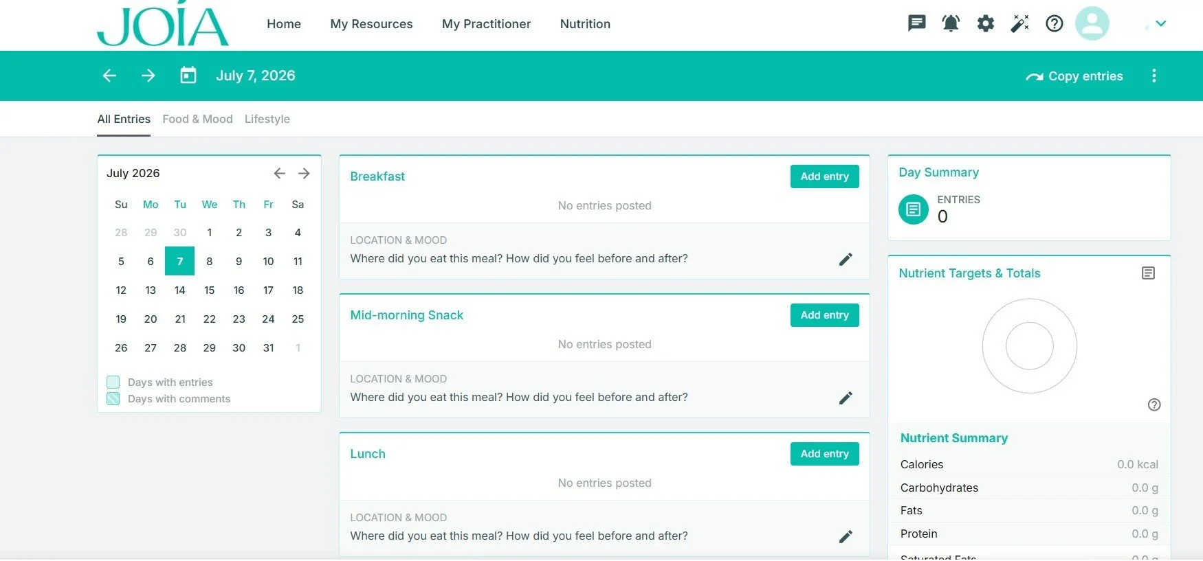 Joia Wellness app dashboard for tracking weight and measurements