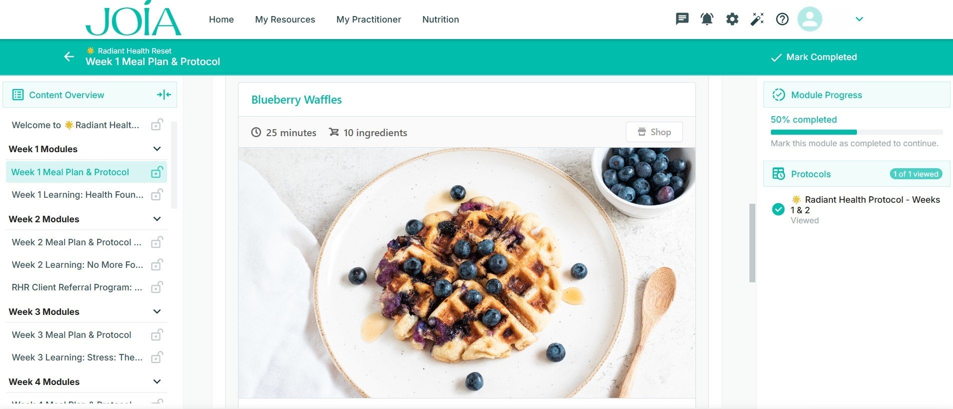 Meal plan and recipe library inside the Joia Wellness app
