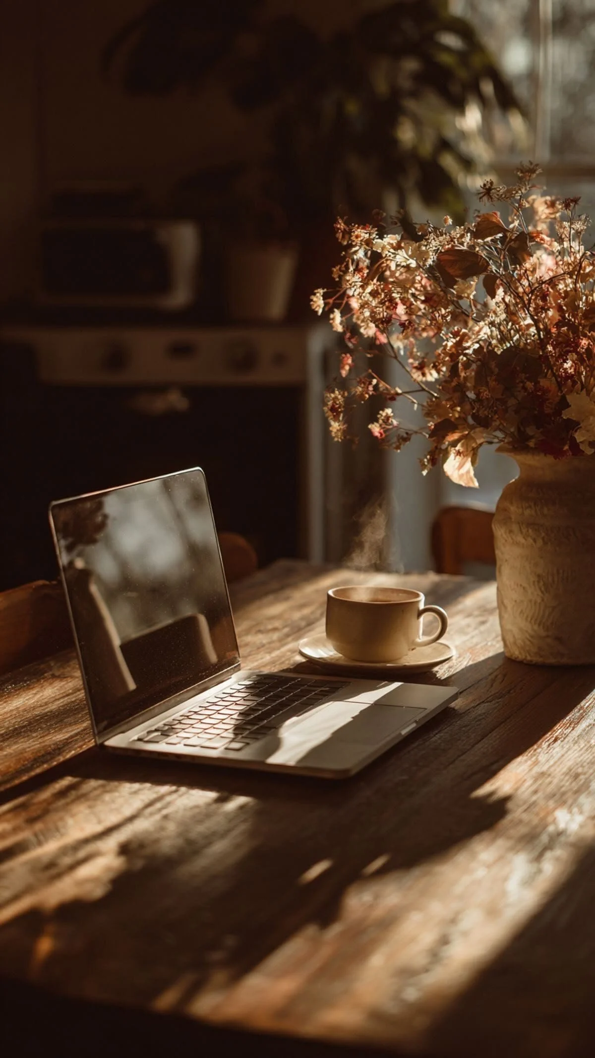 Sunlight streaming through a window illuminating a wooden table with a laptop, a steaming cup of coffee on a saucer, and a large flower vase filled with flowers.