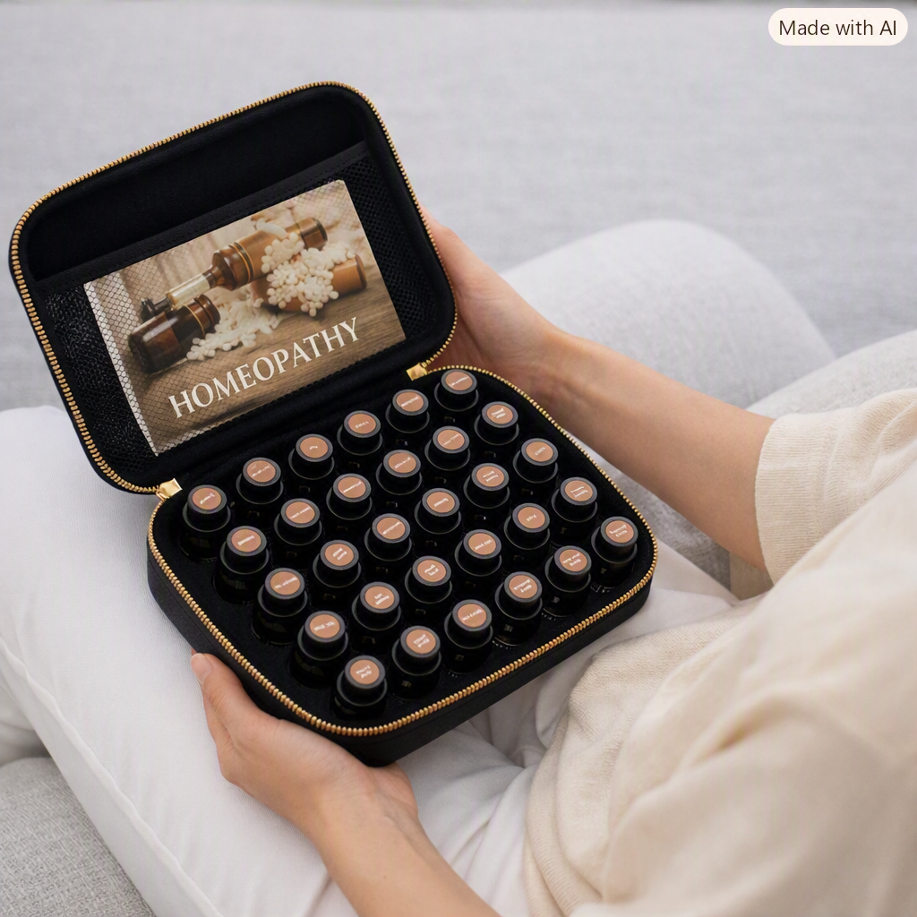 A person holding an open black case filled with small bottles labeled homeopathy, with the case also containing a card that says 'HOMEOPATHY' and shows images of homeopathic pills and bottles.