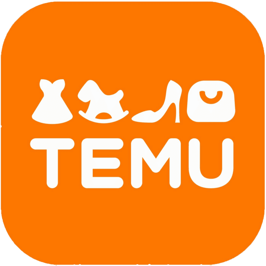 Logo with four stylized clothing icons above the text 'TEMU' on an orange background.