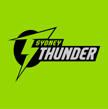Sydney Thunder logo with black lightning bolt and text on a bright green background.