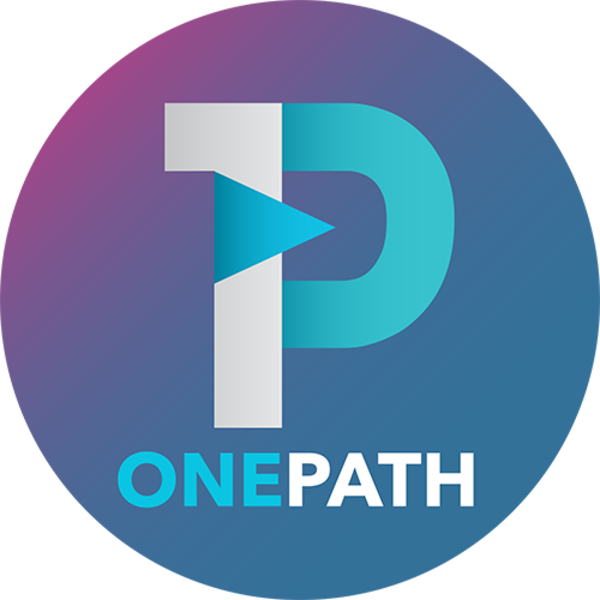 Logo for OnePath, featuring a stylized letter P with a play button symbol, in shades of blue and gray on a purple background.
