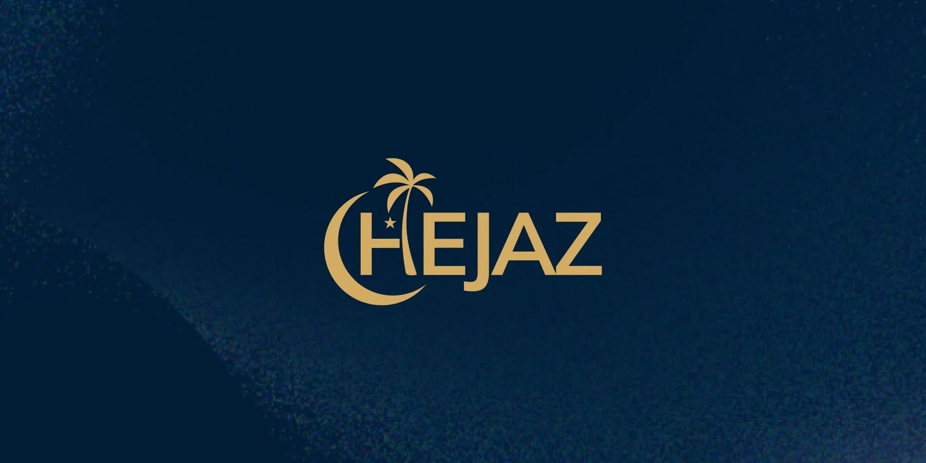 Gold-colored logo for 'HÉJAZ' featuring a palm tree and crescent moon on a dark blue background.