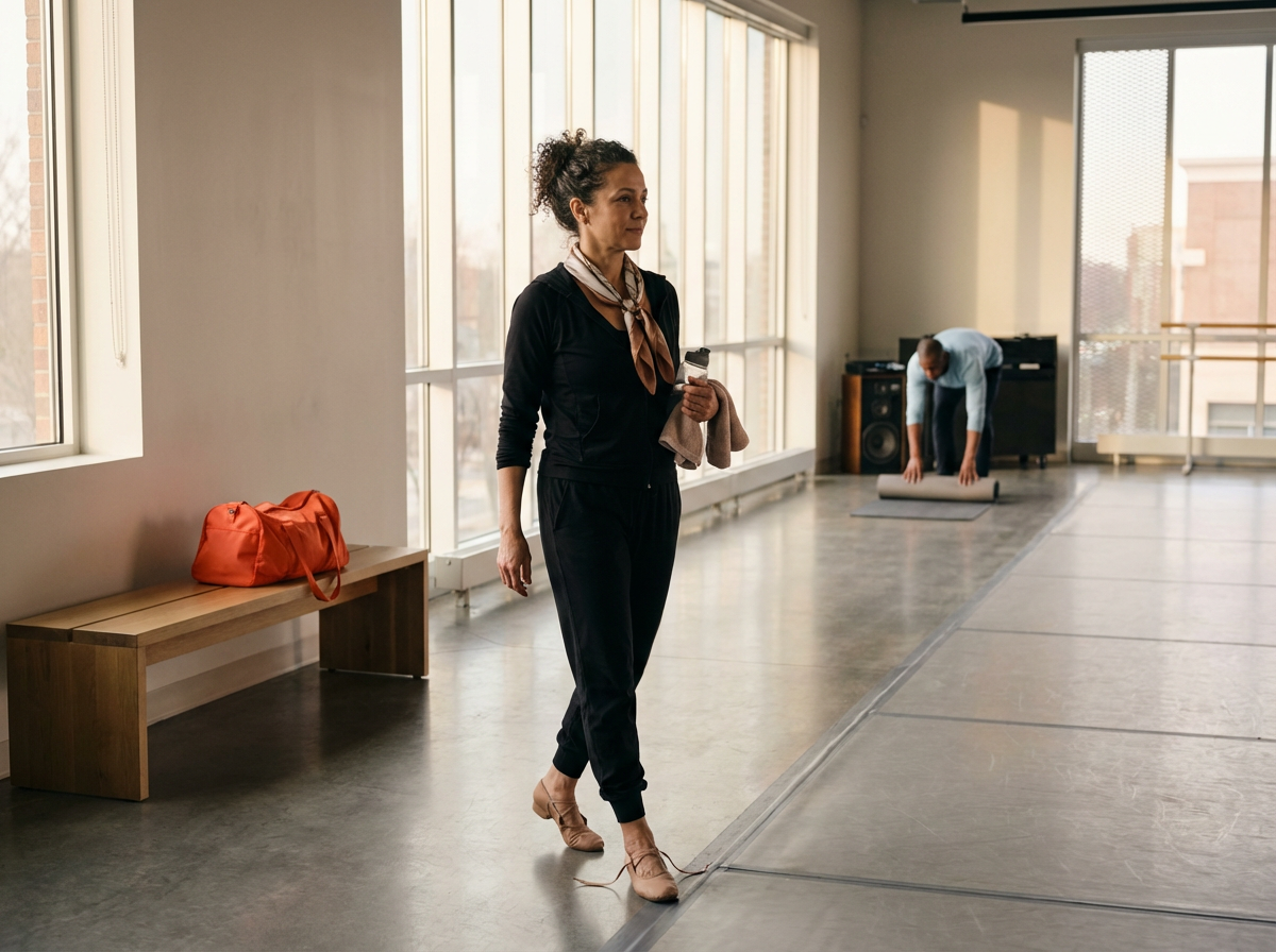 A woman dressed in athletic wear holding a water bottle and a towel, standing in a dance studio with large windows. A red bag is on a wooden bench, and a man in the background is preparing a yoga mat near a speaker.