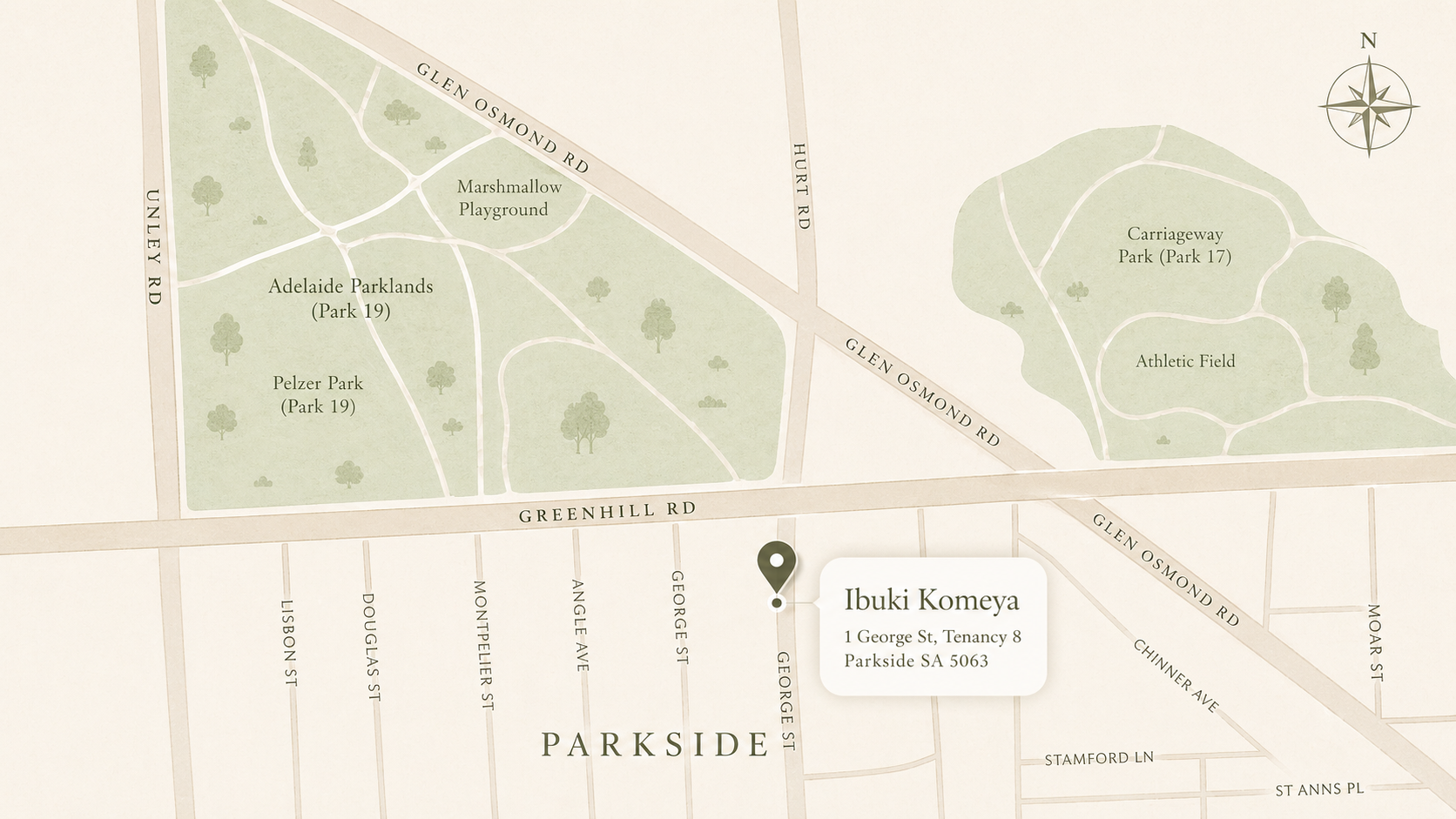 Map of Parkside neighborhood showing streets, parks, and a marker for Ibuki Komeya at 1 George St, Tenancy 8, Parkside, SA 5063.