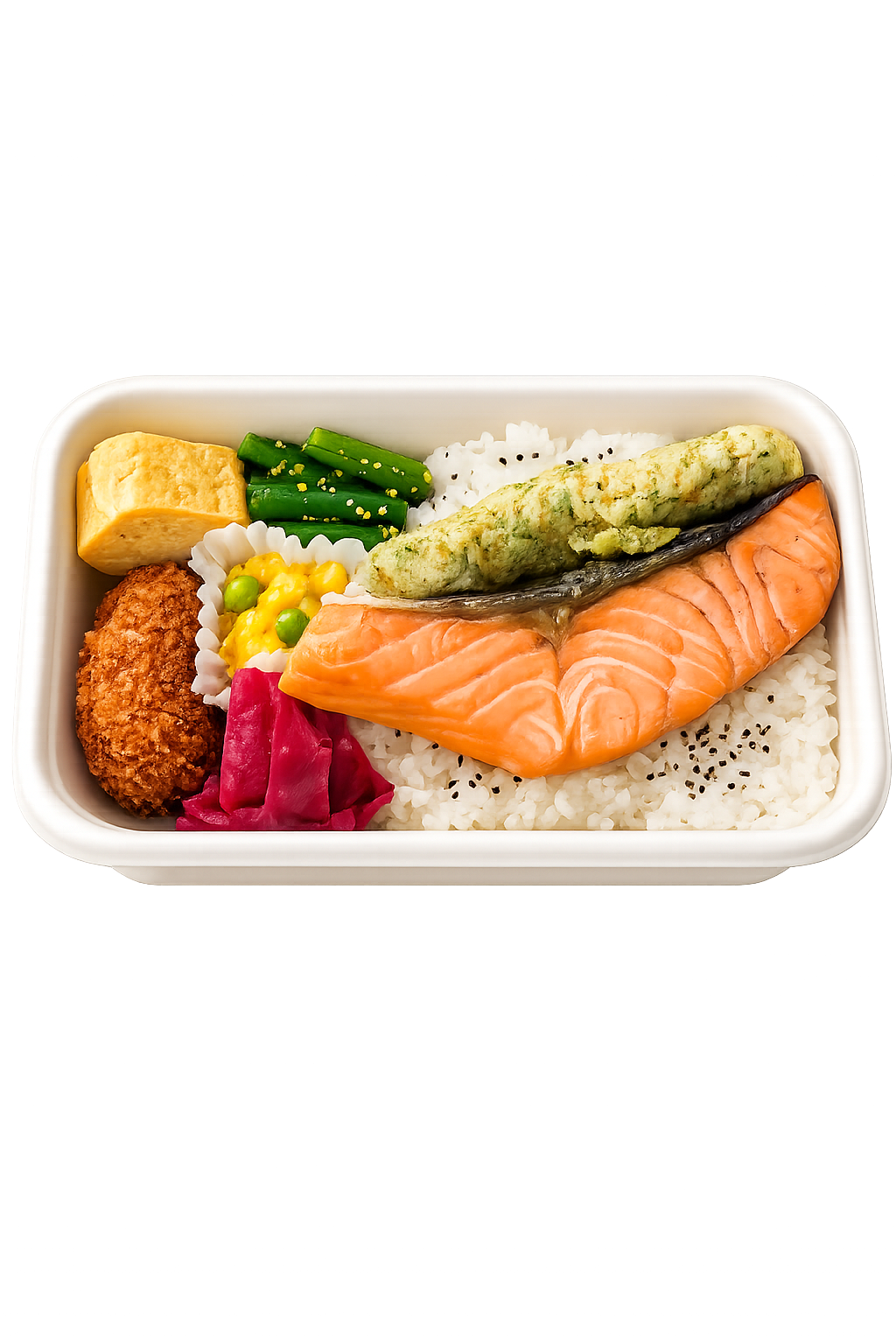 Japanese bento box meal with grilled salmon, rice, tamagoyaki, green beans, tempura, corn and peas, pickled radish, and a croquette.