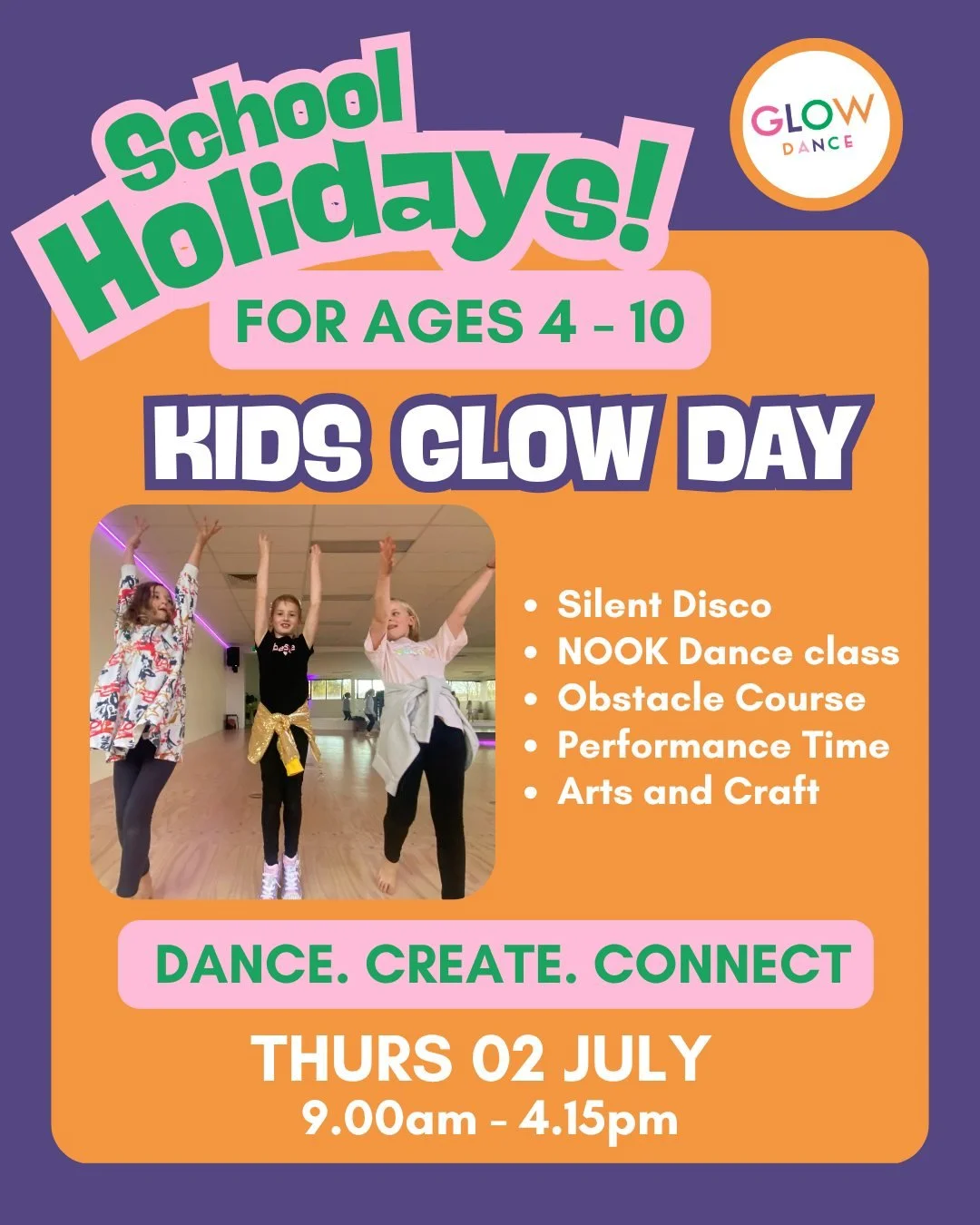 Hands Up if you're having the best day of the holidays!
One full day. Zero screen time. Very Happy Kids!

A KIDS GLOW DAY is your last minute Winter school holidays activity sorted. 
Silent Disco 🎧 | NOOK Dance Class 💃 | Obstacle Course 🏃 | Arts &