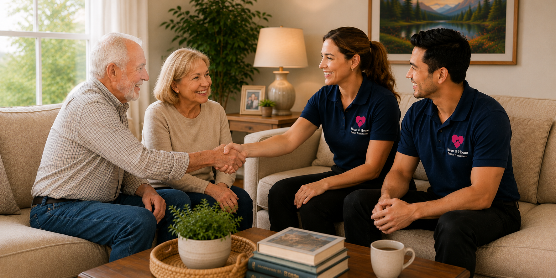 Two young caregivers wearing navy shirts with a pink heart logo shake hands with an elderly couple seated on a beige sofa in a cozy living room. The room features a large window, a wooden side table with a lamp and framed photo, and a colorful landscape painting on the wall.