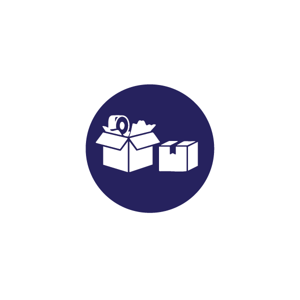 Icon of an open box with paper and a roll of tape inside, in a navy blue circle.