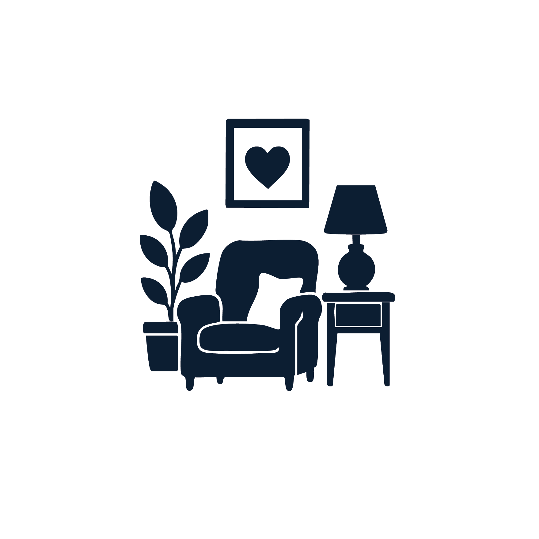 Silhouette of a cozy living room with a large armchair, a side table with a lamp, a potted plant, and a framed picture of a heart on the wall.