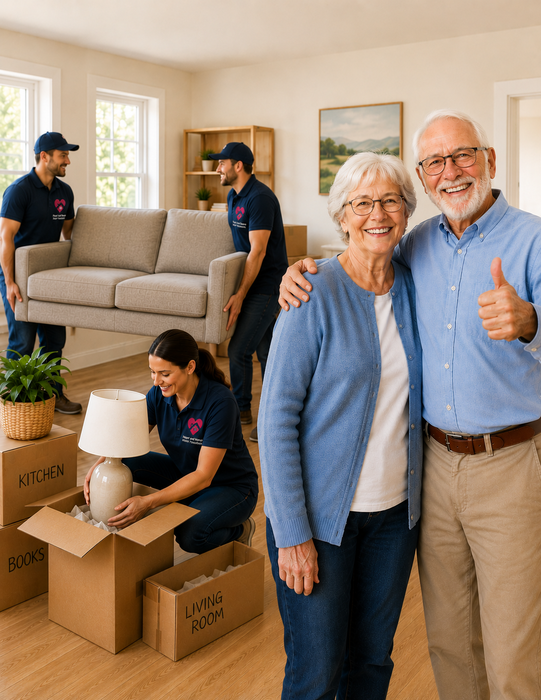 Elderly couple smiling and giving a thumbs-up while moving into a new home. In the background, two movers carry a sofa, and a woman boxes items, including a lamp. Cardboard boxes are labeled with rooms like kitchen, living room, and books.