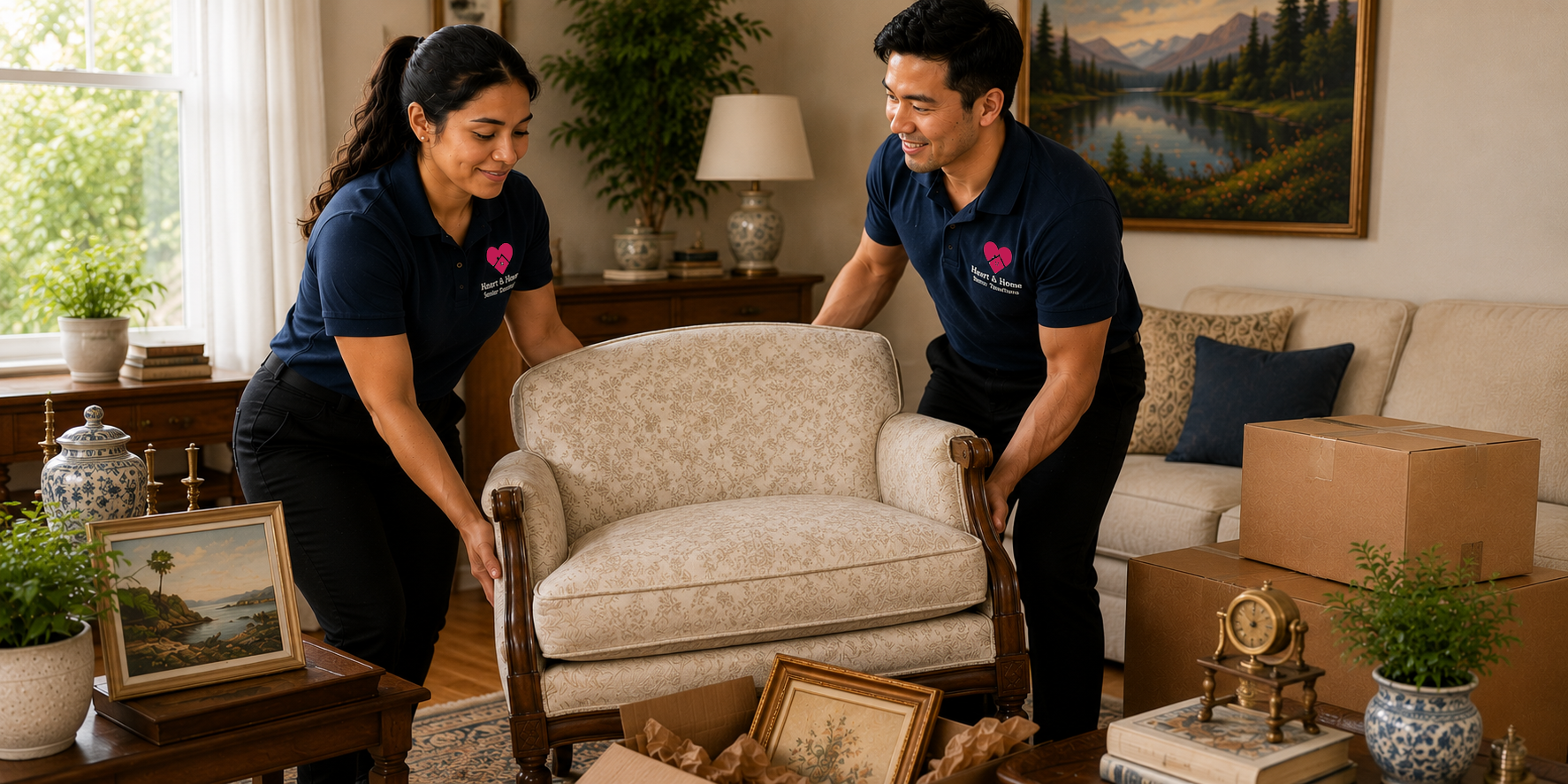 Two people moving a beige patterned armchair in a living room filled with various decorations and packed boxes.