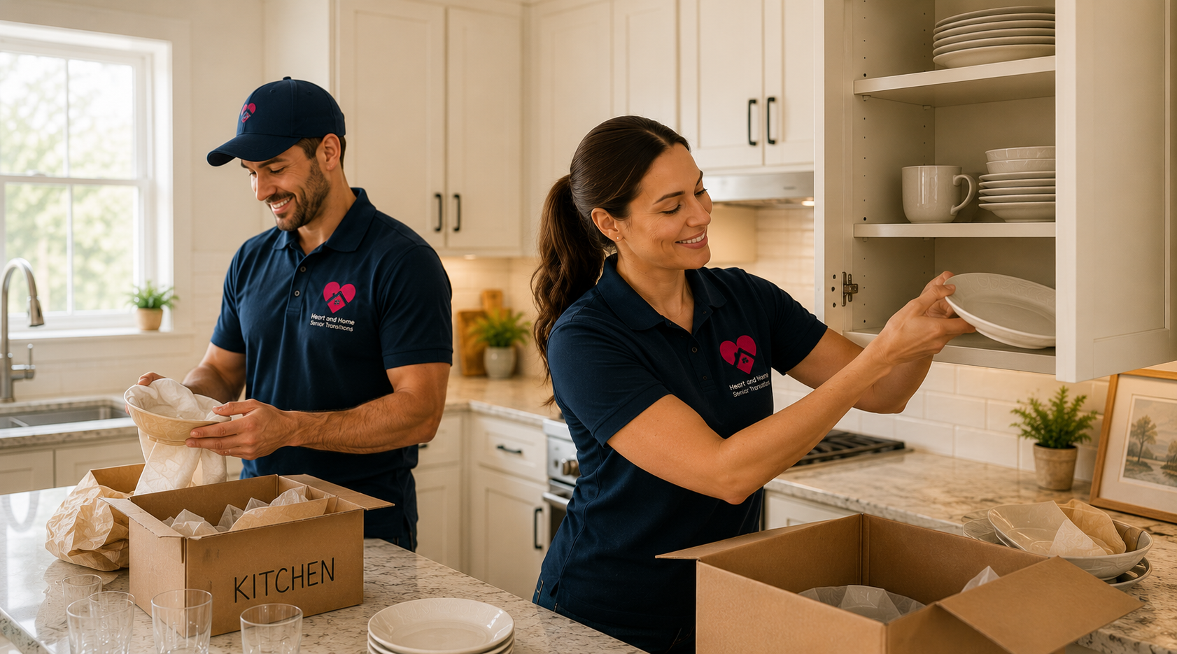 Two people packing dishes into boxes in a kitchen, both wearing dark blue shirts with a heart and home logo.