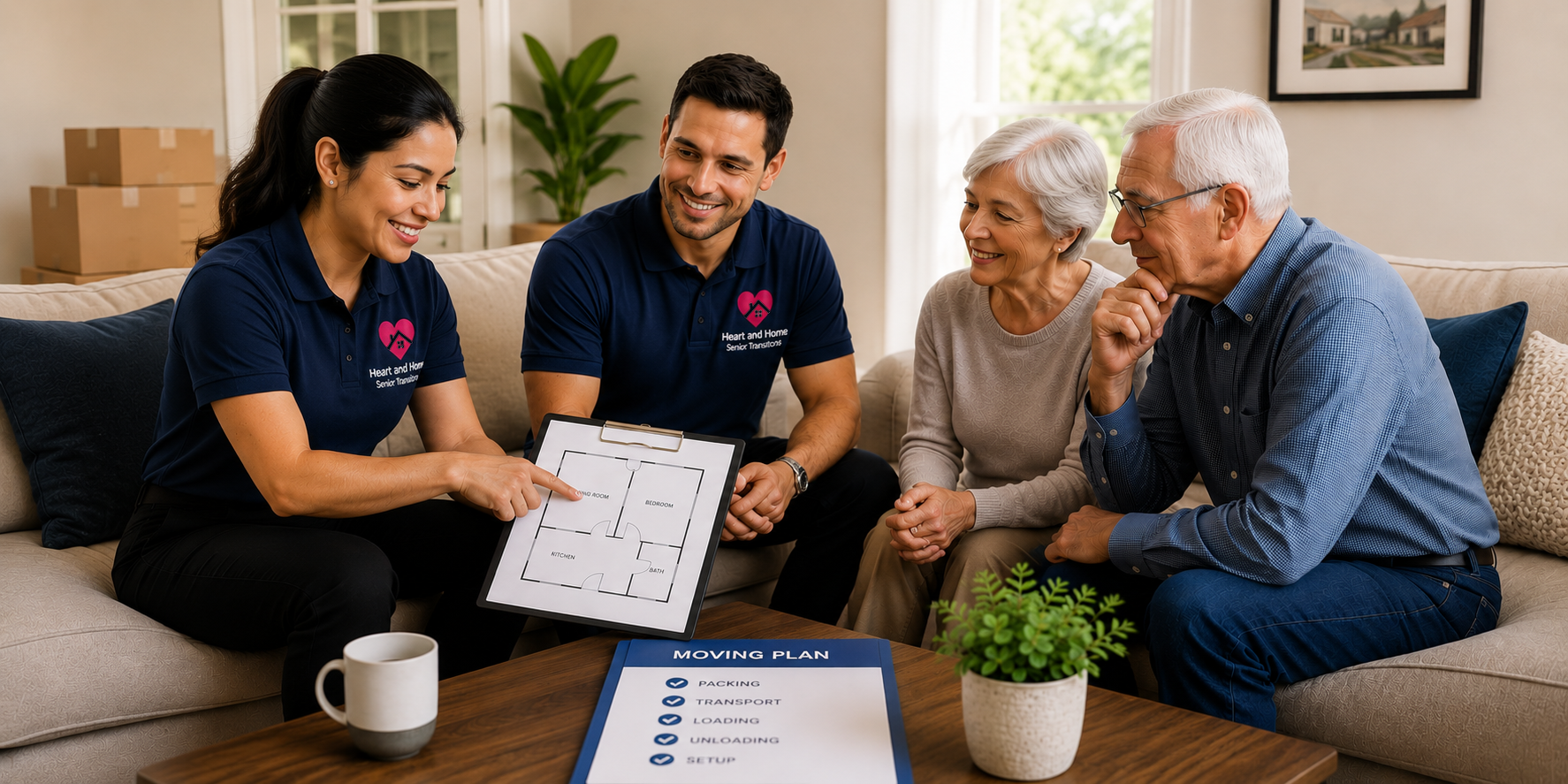 Two women and two men sitting on a beige couch discussing a moving plan, with a floor plan and moving checklist on the table, and a woman pointing at the floor plan with a clipboard.