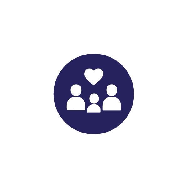 Icon of a family with a heart above them inside a dark blue circle.