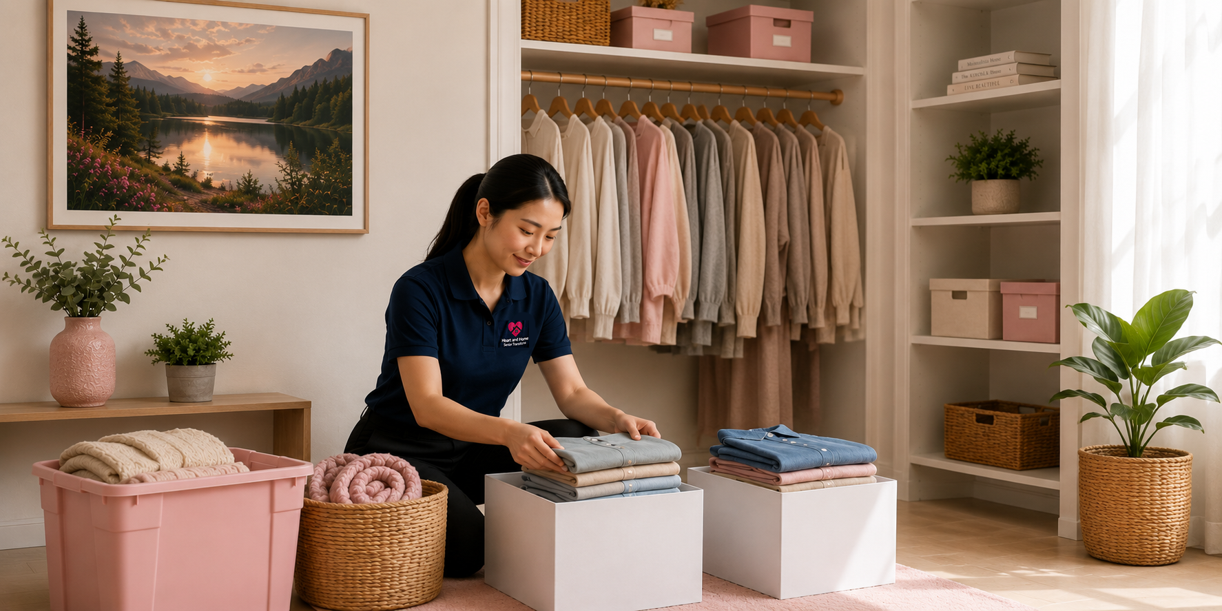 A woman folding clothes in a neatly organized walk-in closet with hanging sweaters, framed landscape picture, pink storage boxes, potted plants, and baskets.