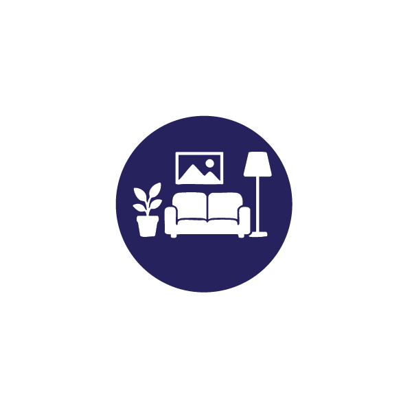 Icon of a living room with a plant, framed picture, sofa, and floor lamp, all within a blue circle.