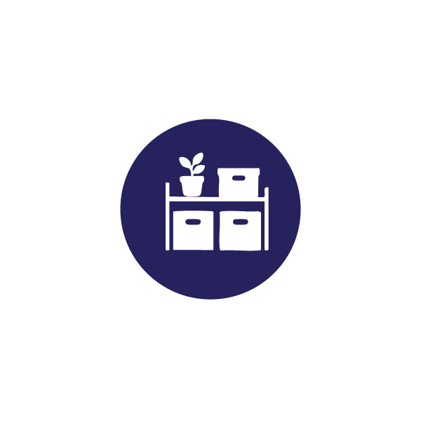 Icon of a shelving unit with a potted plant and storage boxes inside a dark blue circle.