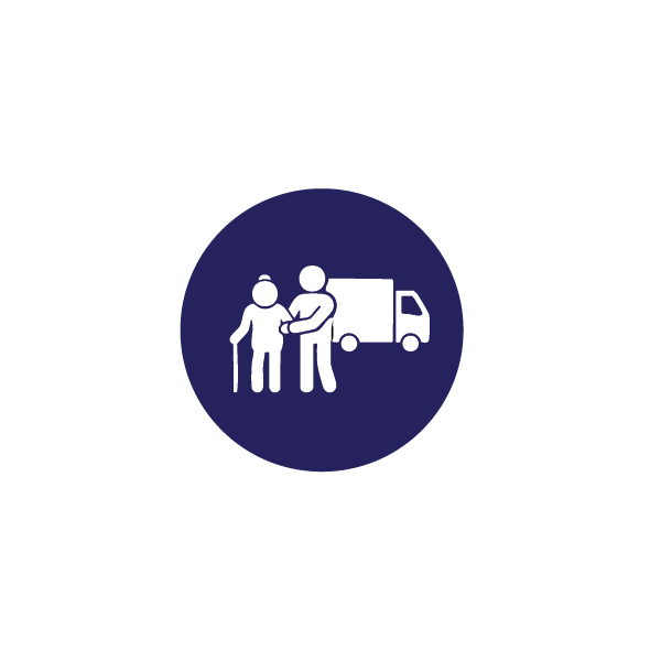 Icon of a person helping an elderly person with a cane onto a delivery truck.