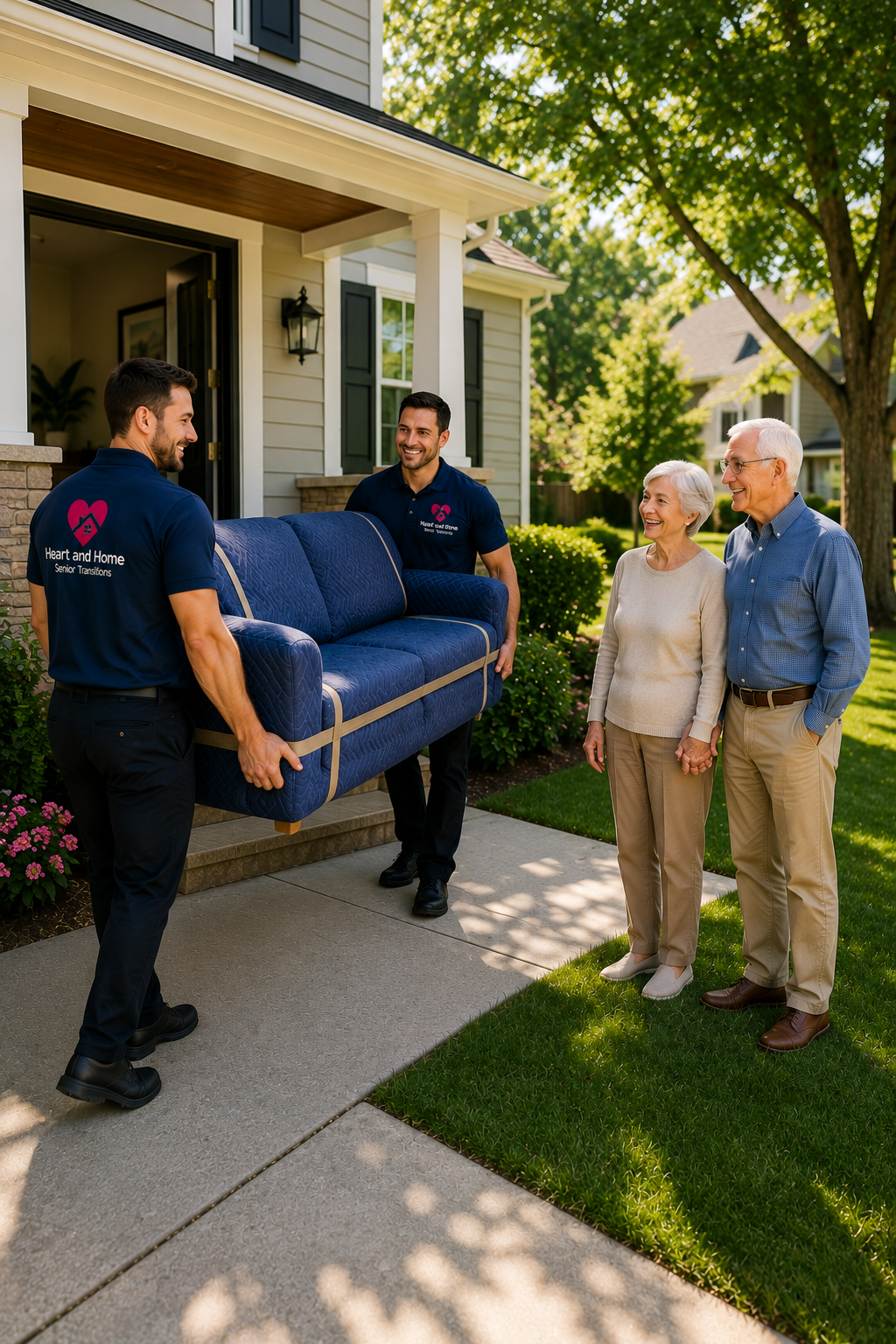 Two men from Heart and Home Senior Transitions are helping an elderly couple move furniture into their house. The elderly couple, a woman and man, are smiling and holding hands outside their home, which has a porch, green shutters, and a front yard with trees and bushes. The men are wearing navy blue polo shirts with the organization’s logo.