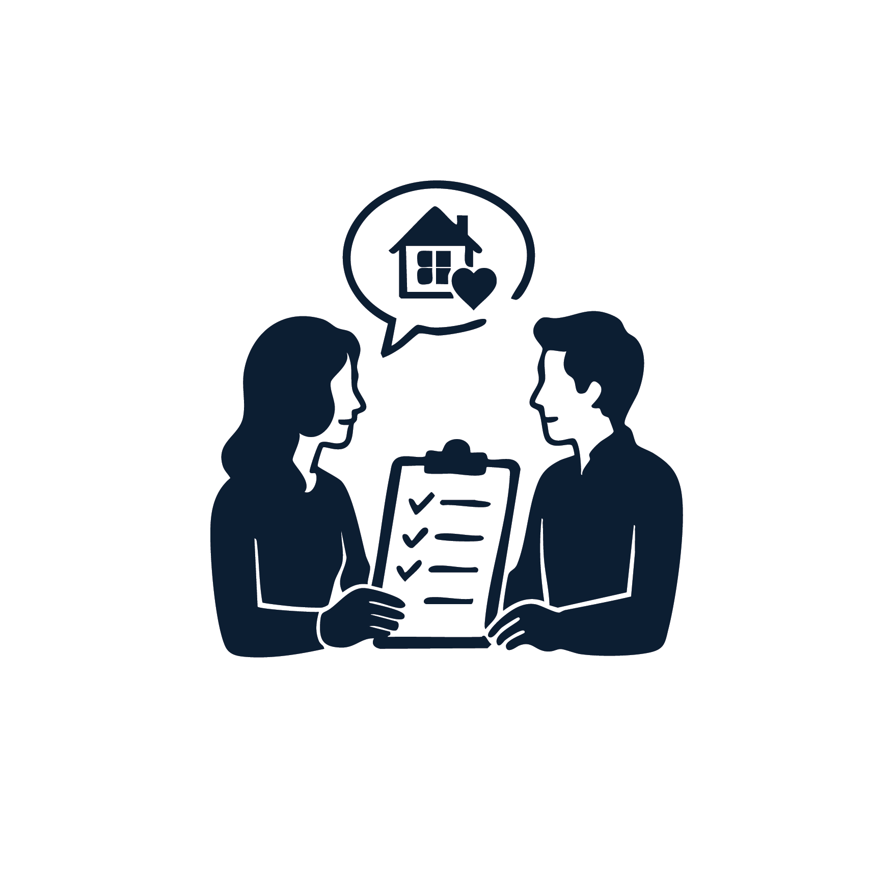 Silhouette of a man and woman facing each other, holding a clipboard with checkmarks, with a house and heart inside a speech bubble above their heads, symbolizing discussion or planning related to home or family.