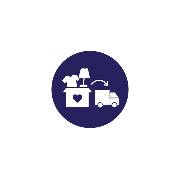 Icon of a delivery box with clothing and a lamp being delivered by a truck.