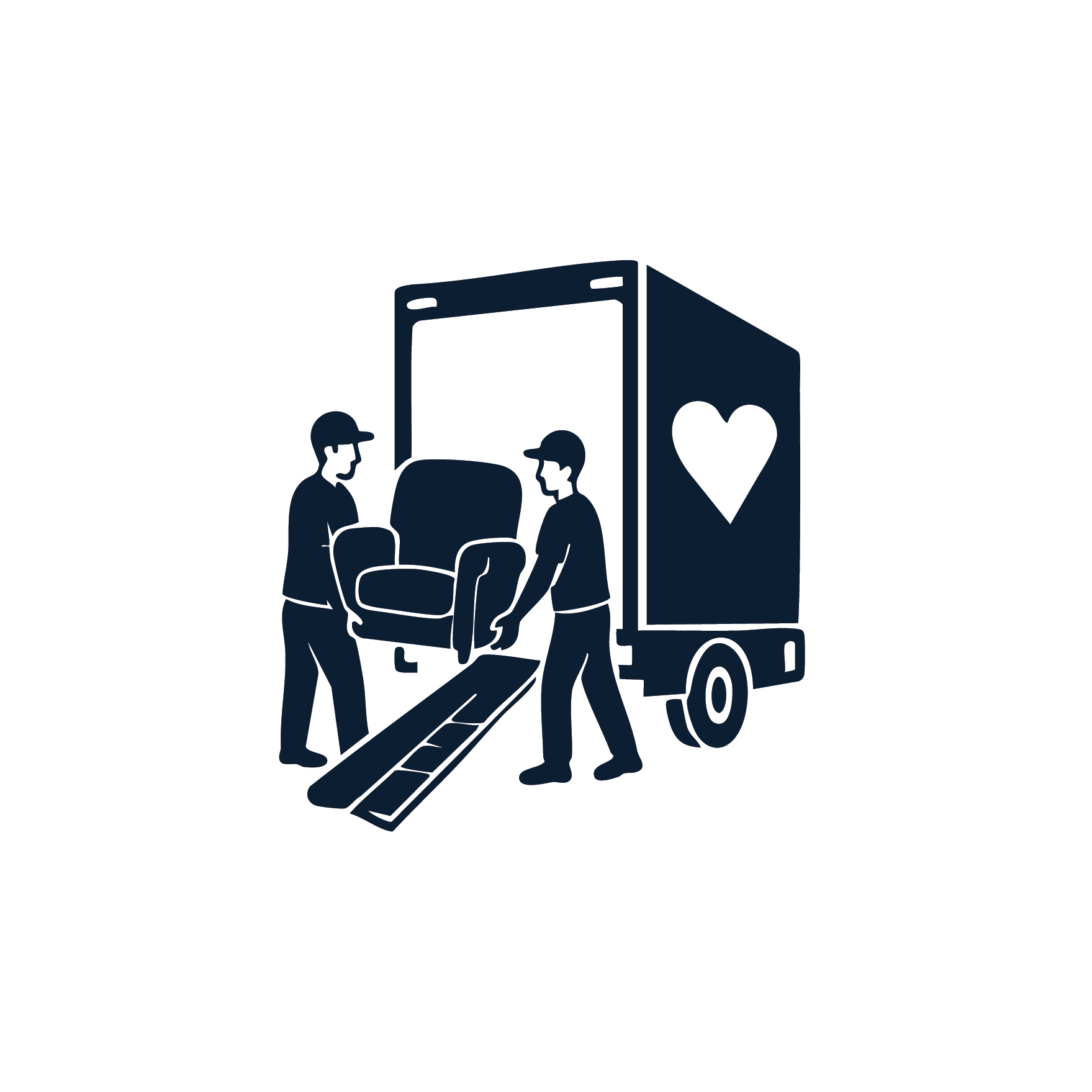 Silhouette of two workers moving a chair onto an elevator with an open door, a track on the ground, and a mobile billboard with a heart symbol.