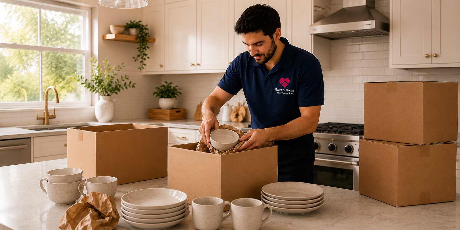 A man packing ceramic dishes into cardboard boxes in a bright kitchen, with sunlight coming through the window.