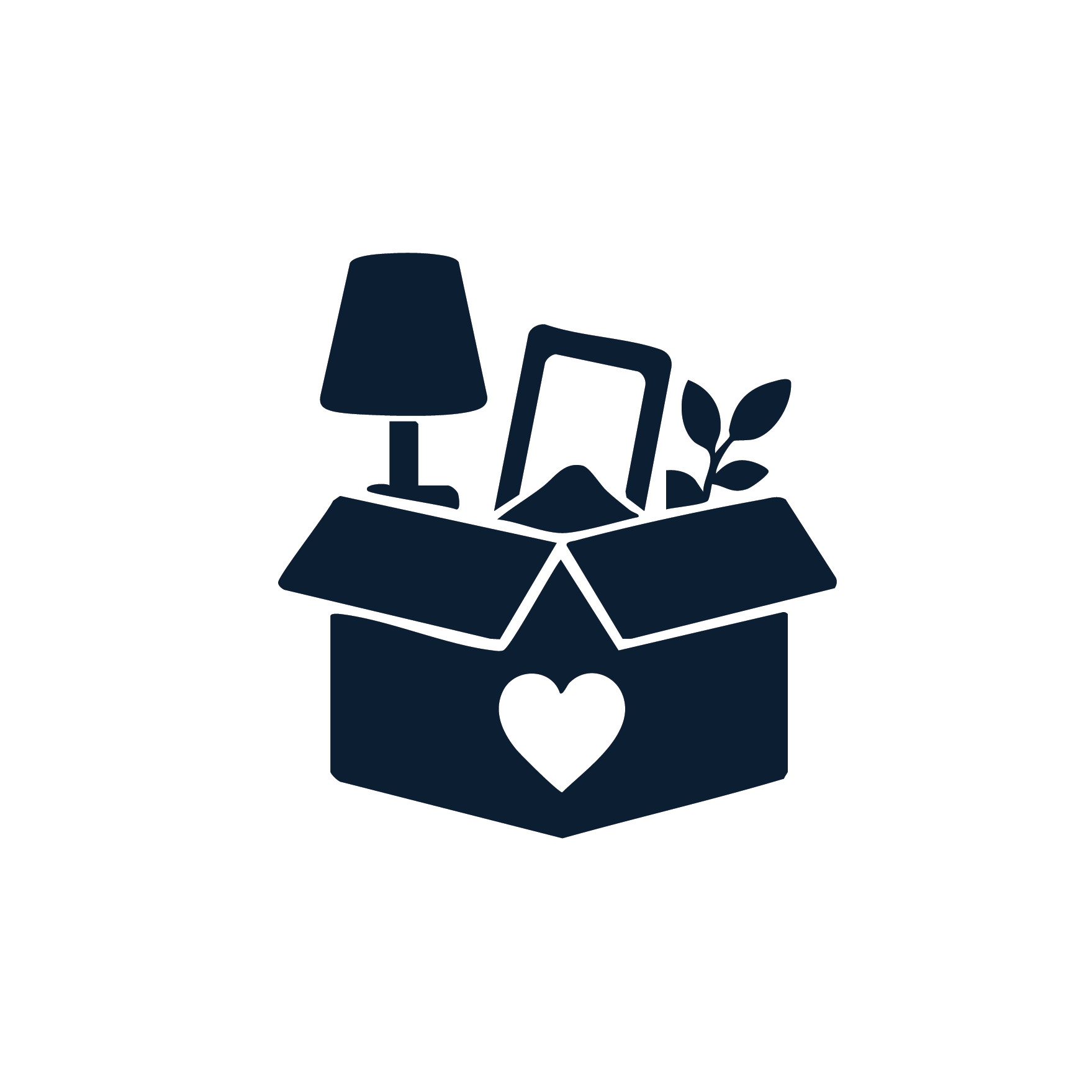Silhouette of an open box containing a house, a leaf, a lampshade, a mirror, and a heart emblem, symbolizing eco-friendly or home-related ideas.