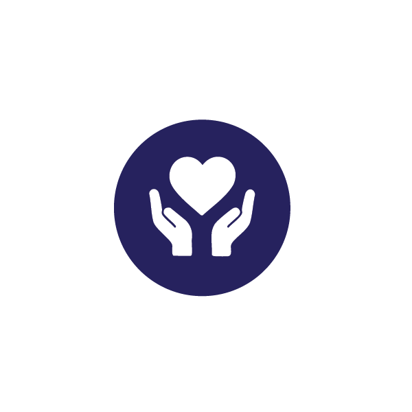 Icon of two hands holding a heart inside a dark blue circle.