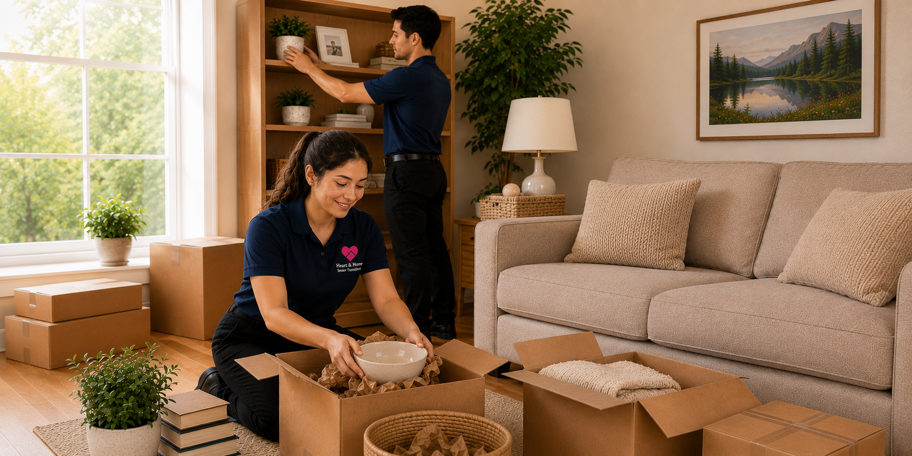 Two people packing boxes in a living room. The woman is kneeling and placing a ceramic bowl into a box, smiling. The man is standing near a bookshelf, placing or removing a plant. The room has a large window, a sofa with pillows, a framed nature landscape painting, and various potted plants and boxes around.