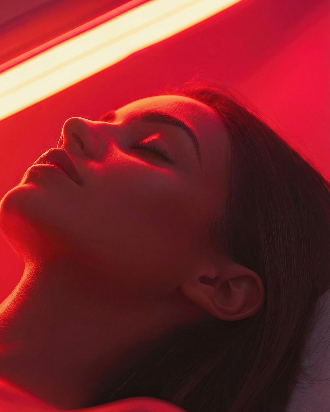 A close-up side profile of a woman with her eyes closed, illuminated by red and orange neon lighting.