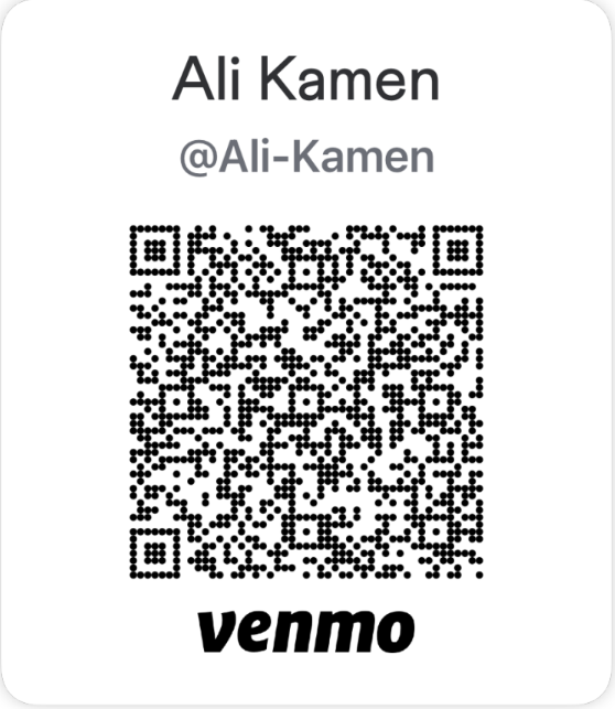 A digital business card for Ali Kamen with a QR code and Venmo logo for payment.