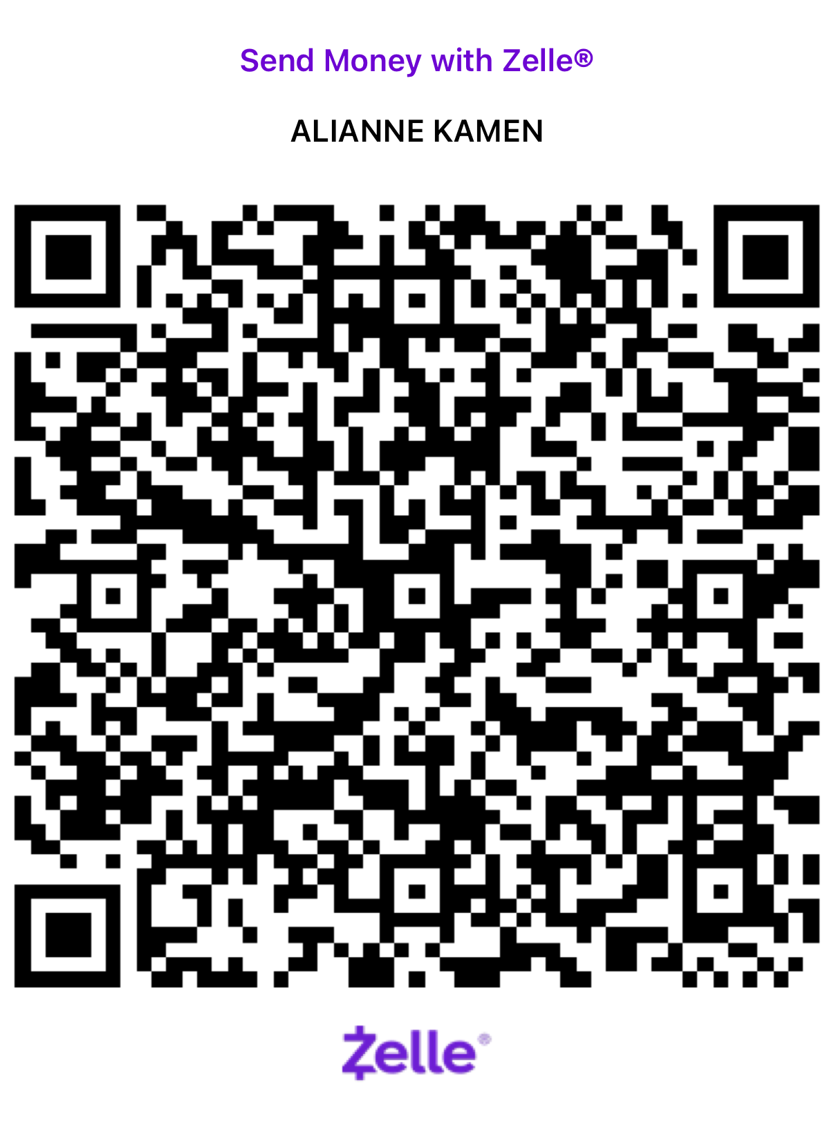 QR code for Zelle payment from Alianne Kamen with text 'Send Money with Zelle' at the top.