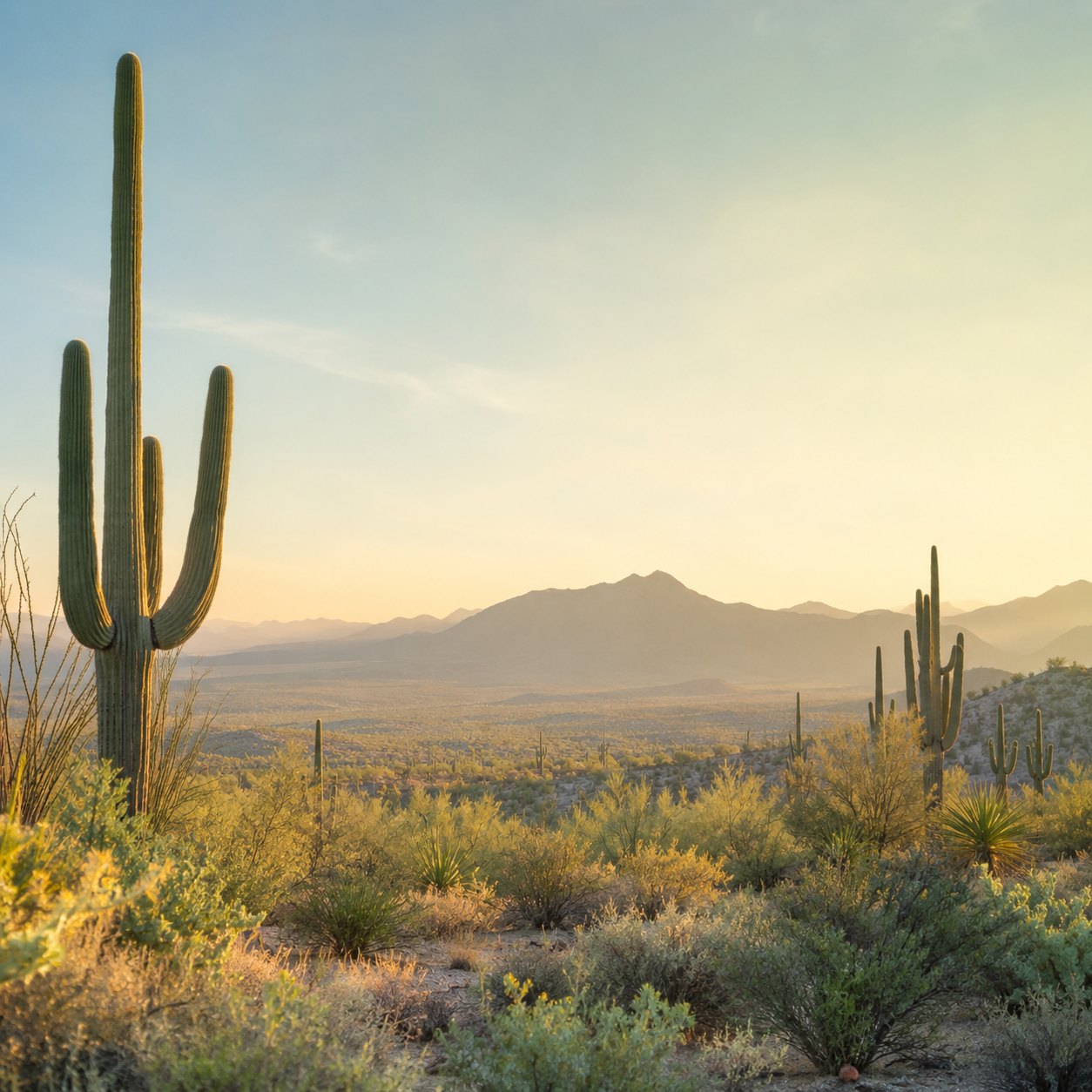 Desert landscape with tall saguaro cacti, mountain range in the background, and a clear sky with soft lighting, likely during sunrise or sunset.