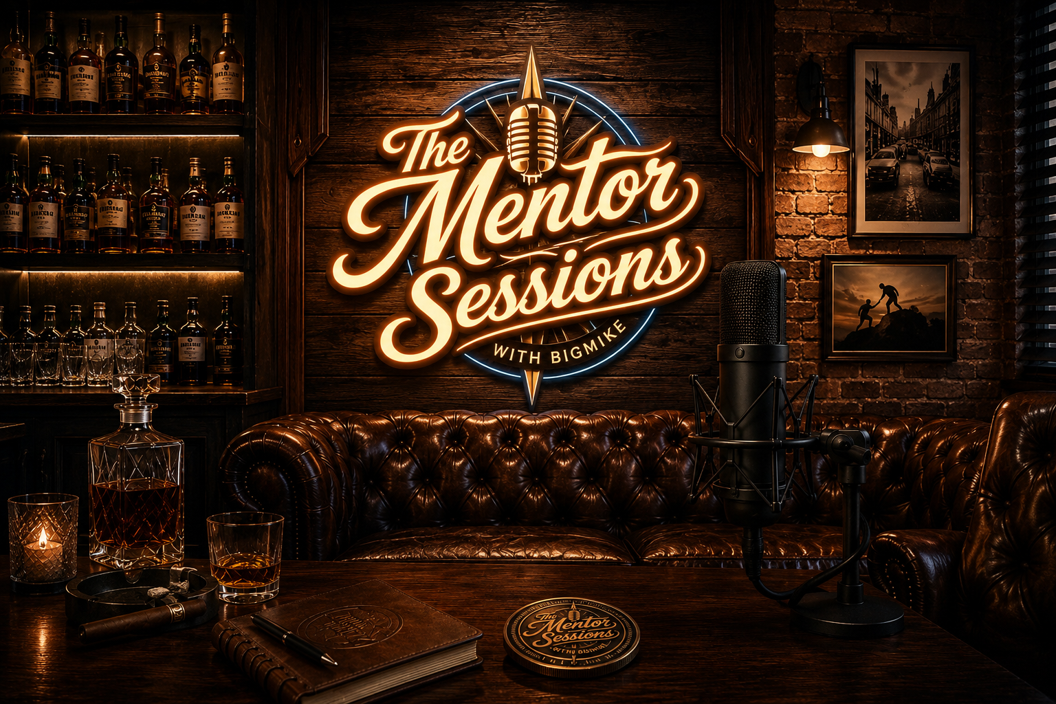 A cozy, dimly lit podcast recording studio with a leather couch, a microphone on a stand, and a wooden table with drinks, a notebook, and a pen. The wall behind features a neon sign that reads 'The Mentor Sessions with BigMike' and framed black-and-white photographs of city scenes and a silhouette of two people helping each other, with exposed brick and wooden panels.