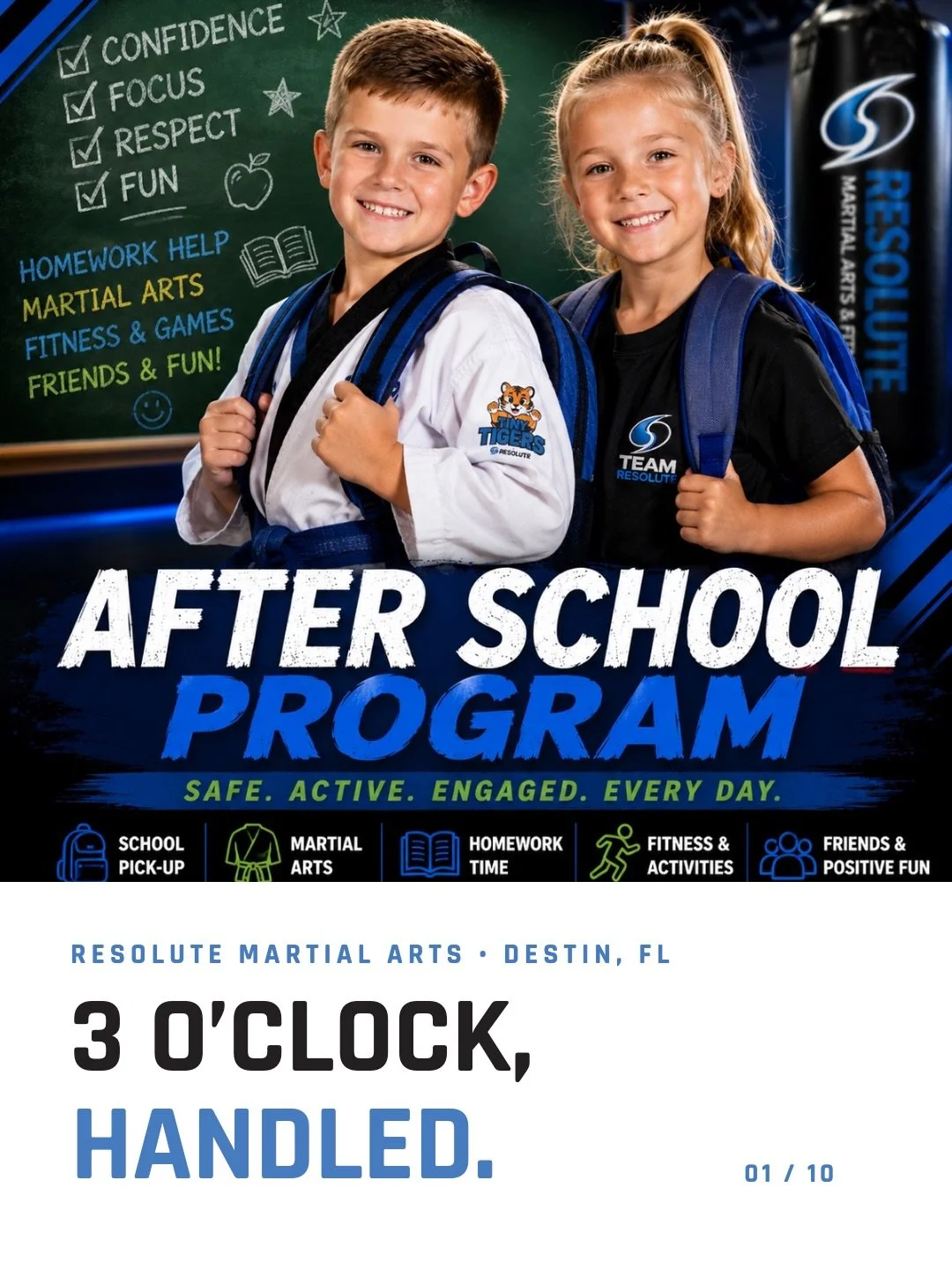 School&rsquo;s out at 3. Now what? 🥋 Resolute&rsquo;s After School Program handles the whole afternoon &mdash; pick-up from Destin Middle &amp; The Barrett School, real martial arts class, dedicated study time, and active screen-free fun, with late 