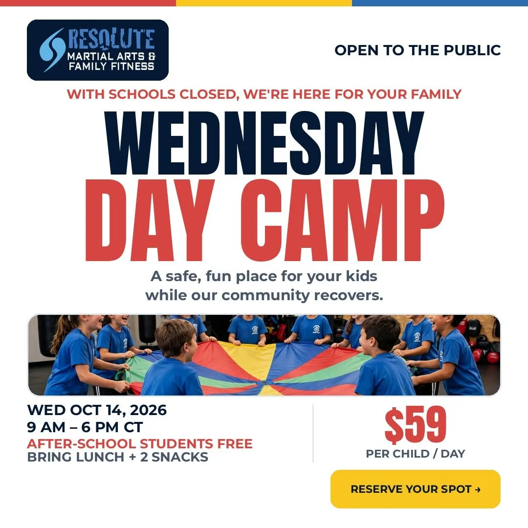 School is out again tomorrow (Wednesday) for storm recovery, and we're here for your family. Resolute Day Camp is open again tomorrow &mdash; Wednesday, October 14, 9 AM&ndash;6 PM. A safe, fun place for your kids while our community recovers. $59 pe