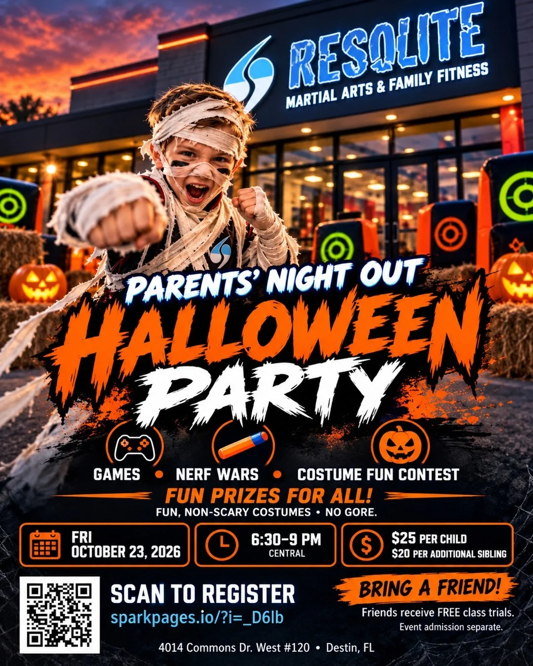 Tonight&rsquo;s the night! Join us Friday, October 23, 6:30&ndash;9 p.m. Central for Halloween Parents&rsquo; Night Out: Nerf Wars, games, a Costume Fun Contest, and fun prizes for ALL. $25 per child; $20 per additional sibling. Wear a fun, non-scary