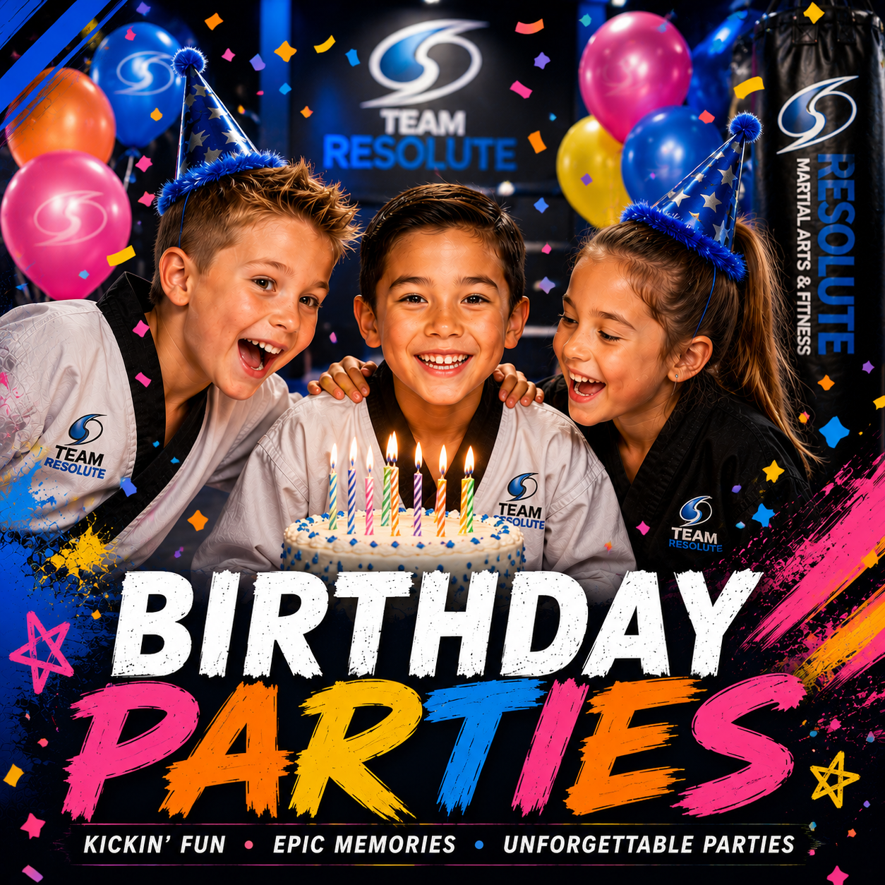Children celebrating a martial arts birthday party at Resolute Martial Arts & Family Fitness in Destin.