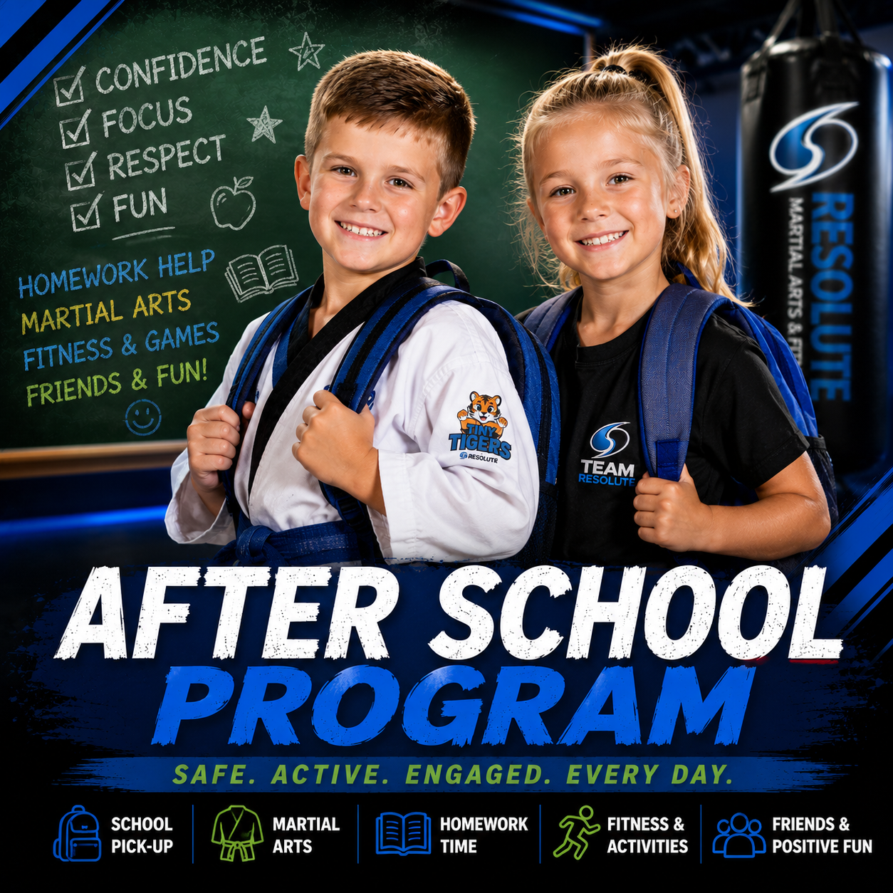 Smiling young boy and girl standing with backpacks in front of a green chalkboard that lists confidence, focus, respect, fun, homework help, martial arts, fitness and games, friends and fun, with some checkmarks and drawings. The image promotes an after-school program, emphasizing safe, active, engaged, and positive daily activities.