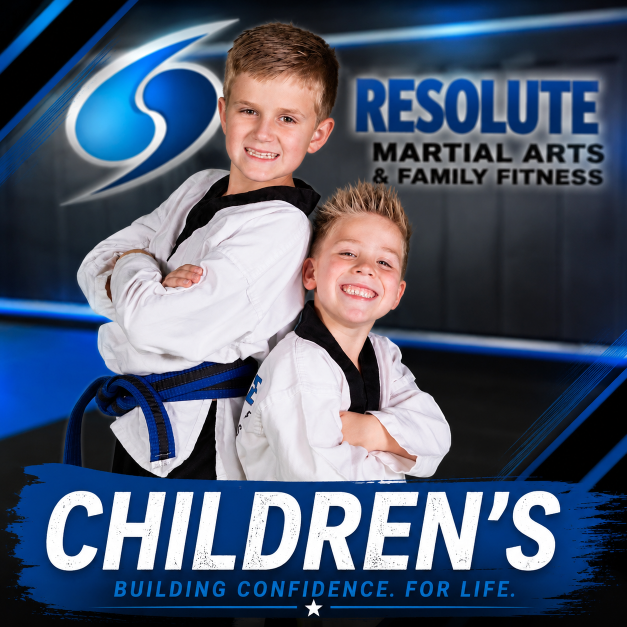 Two young boys in martial arts uniforms standing confidently in front of a sign for "RESOLUTE Martial Arts & Family Fitness" with the caption "Children's Building Confidence for Life."