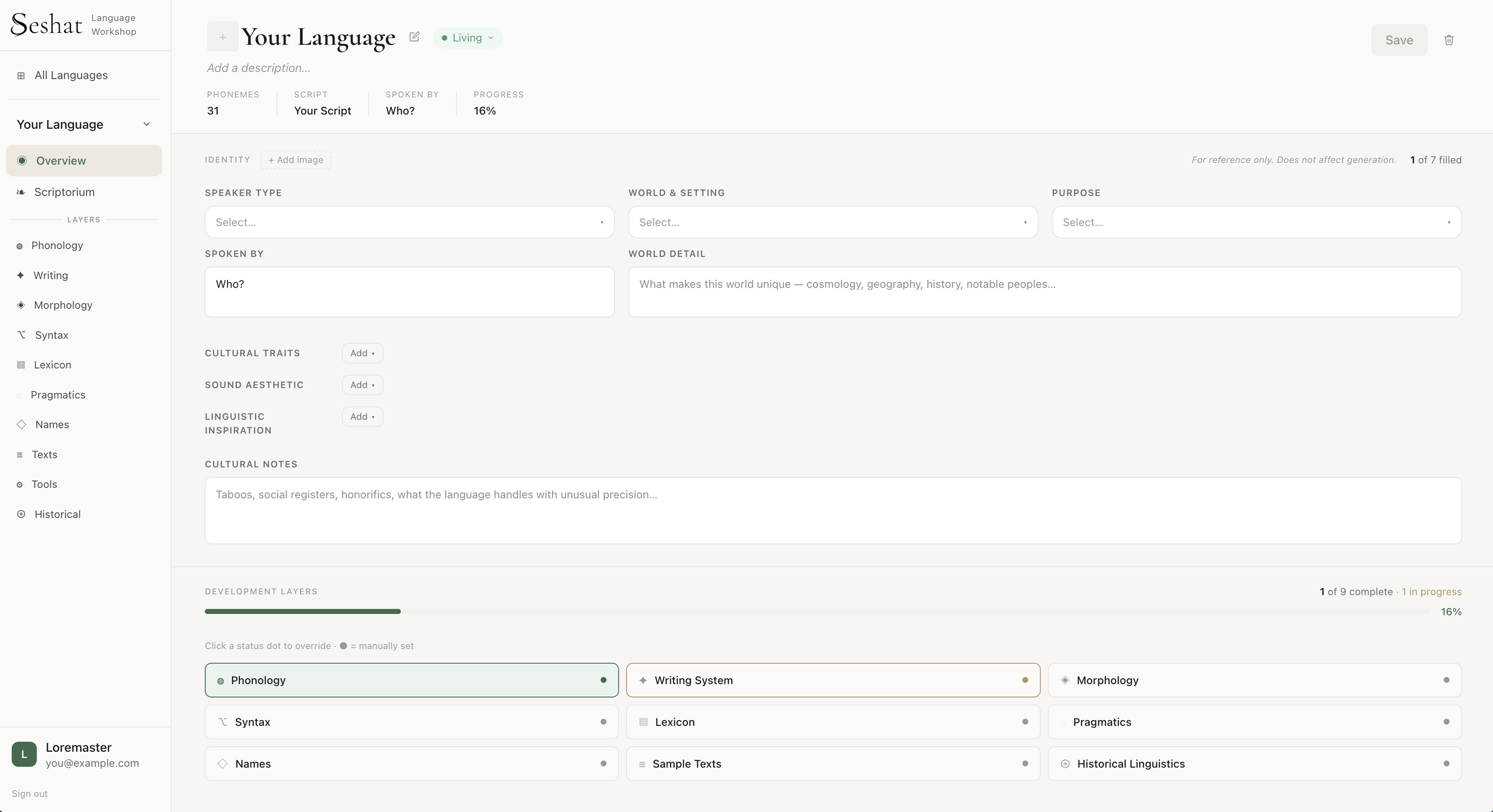 Screenshot of a language workshop web interface called Seshat with the title "Your Language" and sections for entering language description data, including categories such as Phonology, Writing System, Morphology, Syntax, Lexicon, Pragmatics, Names, Sample Texts, and Historical Linguistics. The progress bar indicates 16% completion.